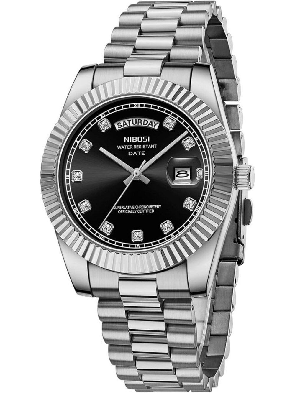 Nibosi Mens Silver Black Analog Quartz Stainless Dimond Waterproof Desiger Watch